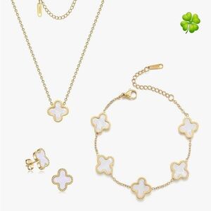 18K Gold Clover Jewelry Set Necklace Bracelet Earrings Four Leaf Van Cleef Style
